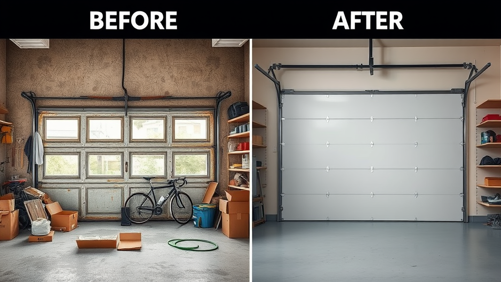 Create a detailed before-and-after image illustrating the transformation of a garage with a newly installed oversized door. In the 'before' section, depict a small, old garage door with faded paint, showing signs of wear and limited functionality. The surrounding area appears cluttered with tools, boxes, and an old bicycle. In the 'after' section, showcase a sleek, modern oversized garage door with a smooth, polished finish, accompanied by newly painted walls and organized storage shelves. The area is brightly lit, emphasizing the improved aesthetics and functionality.