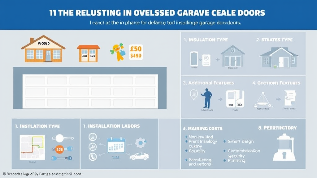 Create an infographic-style image that visually represents the key cost factors involved in purchasing and installing oversized garage doors.