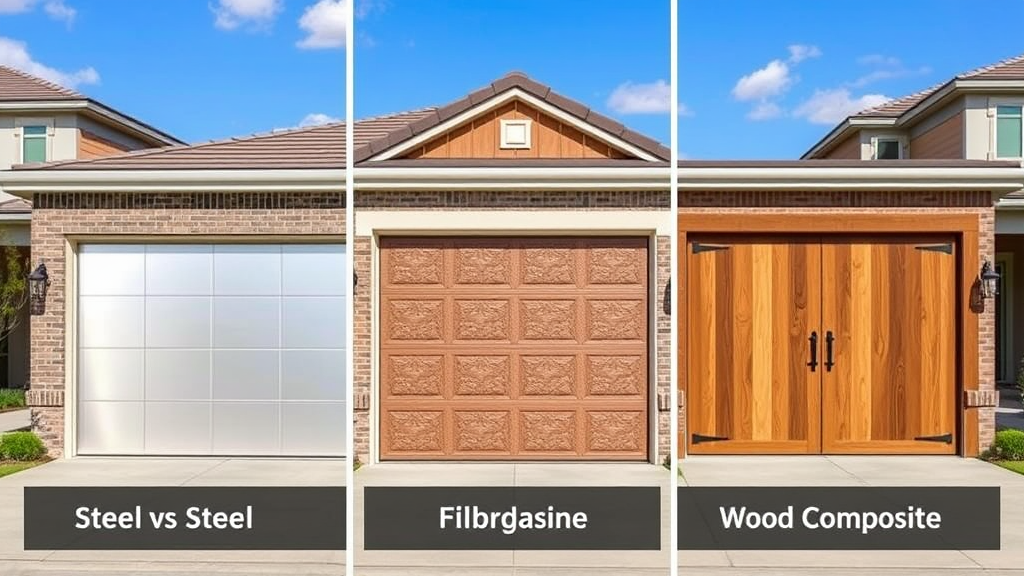 Generate an image of a comparison photo featuring three distinct oversized garage doors, each representing a different material: steel, fiberglass, and wood composite. The setting is a modern residential neighborhood with a sunny, clear sky background, adding depth and context. The steel door is illustrated with a shiny, sleek metallic finish, emphasizing durability and strength. The fiberglass door displays a textured surface with a glossy sheen, showcasing its lightweight and versatile nature. The wood composite door features a realistic wood grain pattern with a matte finish, highlighting its eco-friendly and elegant appearance.